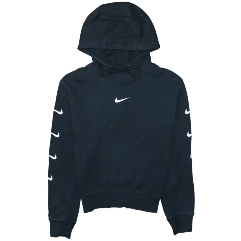 Nike Black Hoodie Men’s Small Printed Swoosh Logo Sleeves Pullover Sweatshirt sold by Vintage Club