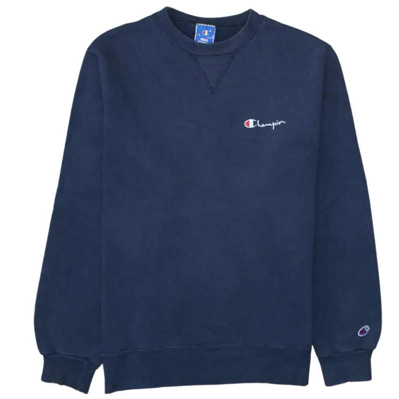 Champion Navy Blue Sweatshirt Women’s Large Embroidered Script Logo Ribbed Crewneck Pullover Top made by Champion