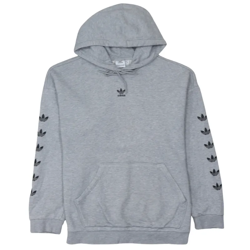 Adidas Grey Hoodie Women’s Large Trefoil Sleeve Print Drawstring Pullover Sweatshirt sold by Vintage Club