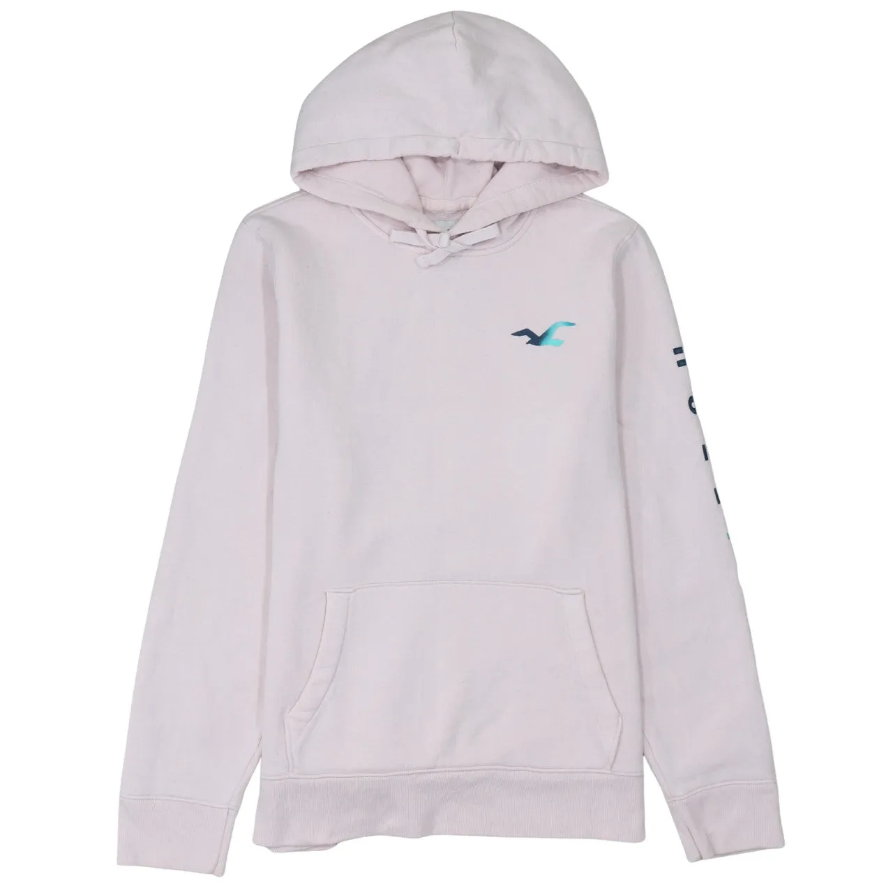 Hollister Light Pink Hoodie Women’s Large Printed Logo Sleeve Graphic Pullover Sweatshirt sold by Vintage Club