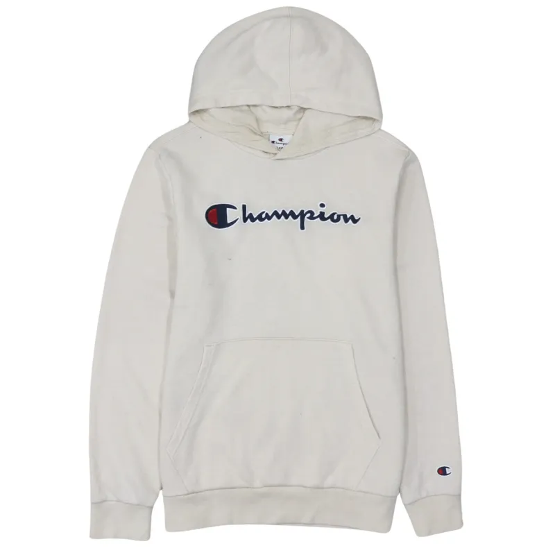 Champion Beige Cream Hoodie Women's XLarge Embroidered Script Logo Front Pouch Pullover Sweatshirt made by Champion