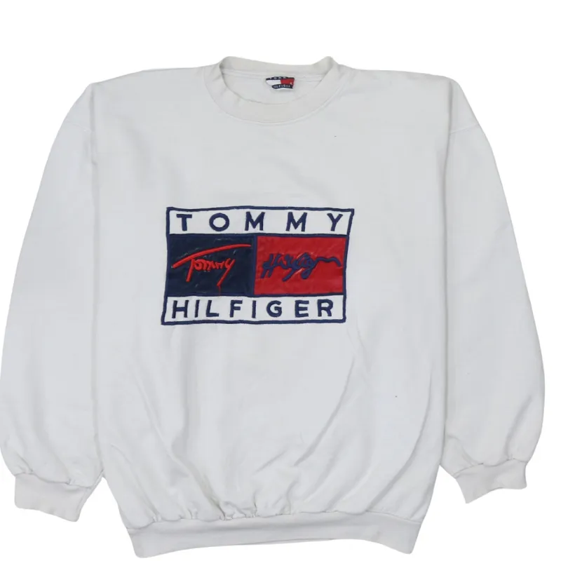 Tommy Hilfiger White Sweatshirt Women’s XLarge Embroidered Flag Logo Crewneck Pullover Fleece Top made by Tommy Hilfiger