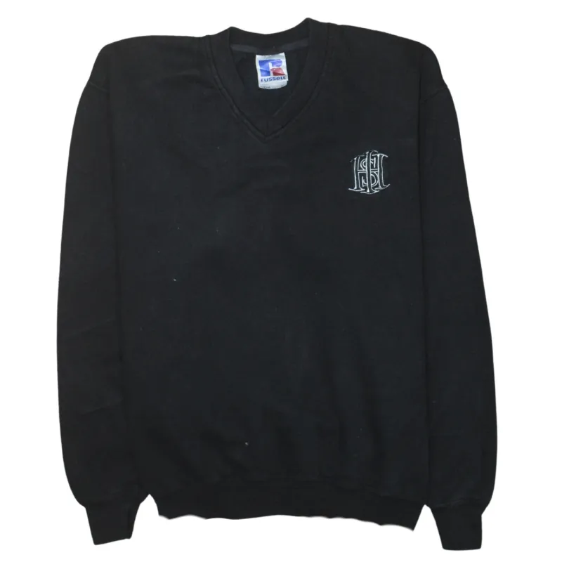 Russell Athletic Black Sweatshirt Women’s XLarge V Neck Embroidered Chest Logo Pullover Jumper sold by Vintage Club