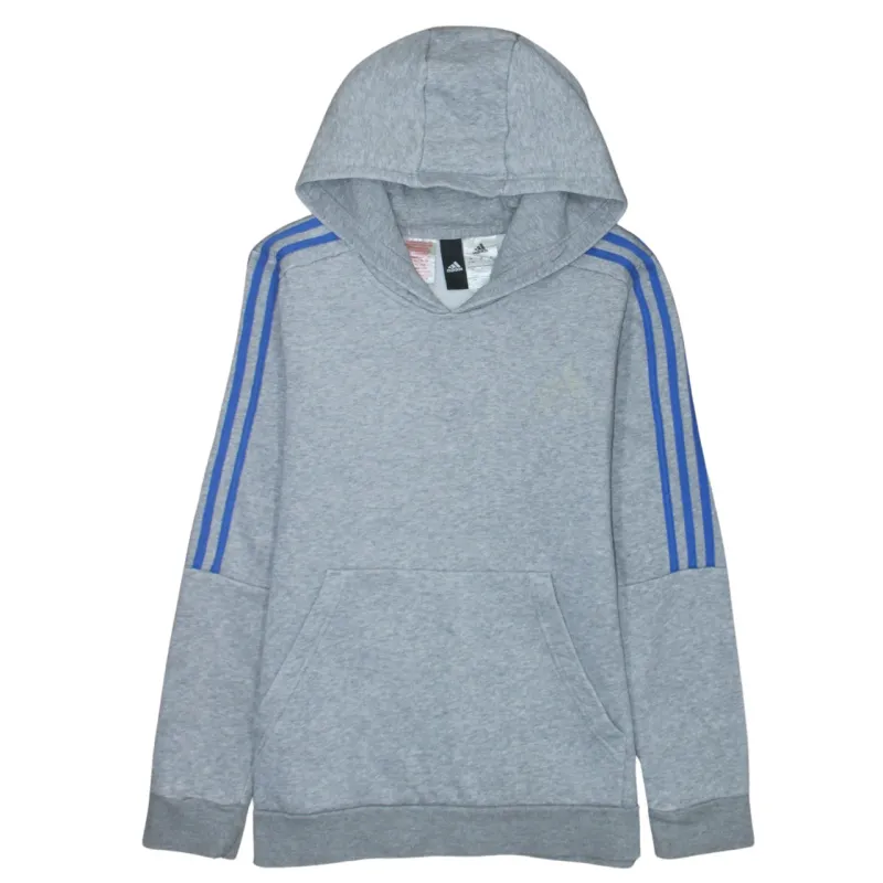 Adidas Grey Hoodie Women’s Large Blue Three Stripe Sleeves Subtle Logo Pullover Sweatshirt sold by Vintage Club