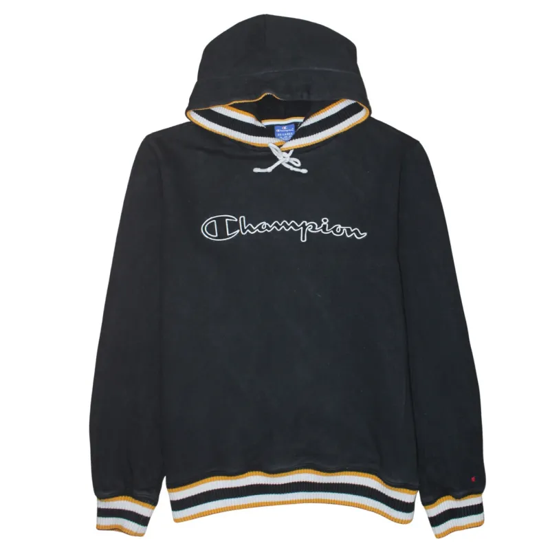 Champion Black Hoodie Women’s XXLarge Embroidered Script Logo Striped Cuffs Pullover Sweatshirt made by Champion