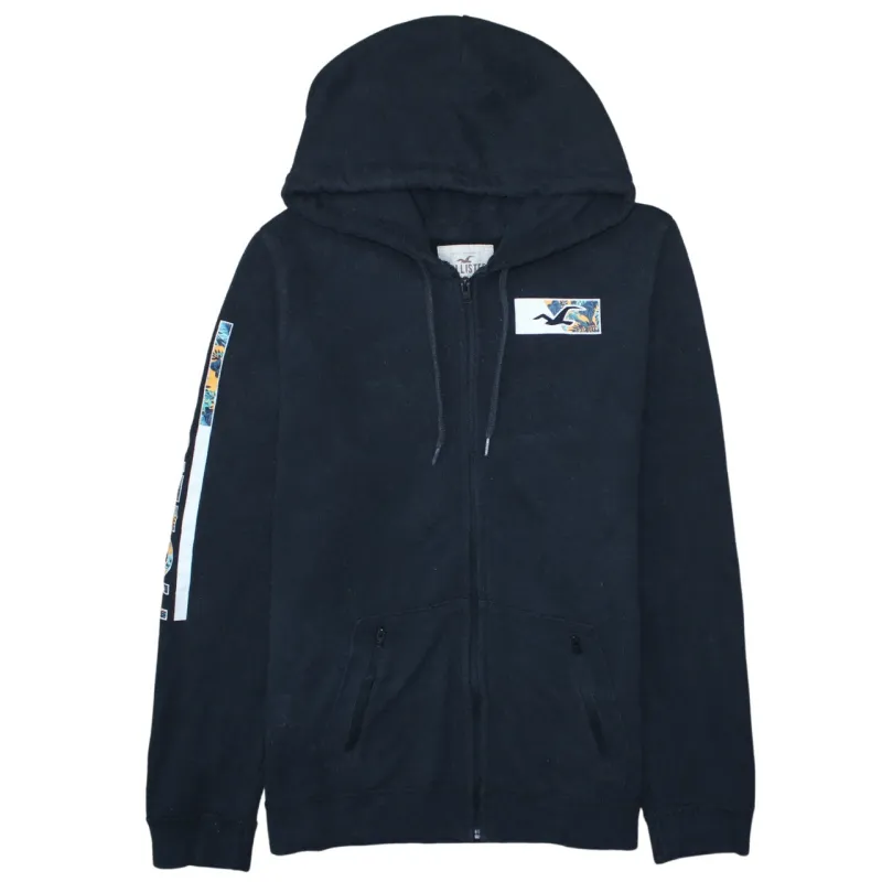 Hollister Black Zip Hoodie Women’s XLarge Embroidered Logo Sleeve Print Fleece Jacket sold by Vintage Club