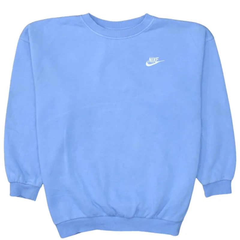 Nike Light Blue Sweatshirt Women's Large Printed Swoosh Logo Crewneck Pullover Fleece Top sold by Vintage Club