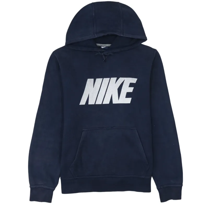 Nike Navy Blue Hoodie Men's Medium Printed Front Logo Kangaroo Pocket Pullover Sweatshirt sold by Vintage Club