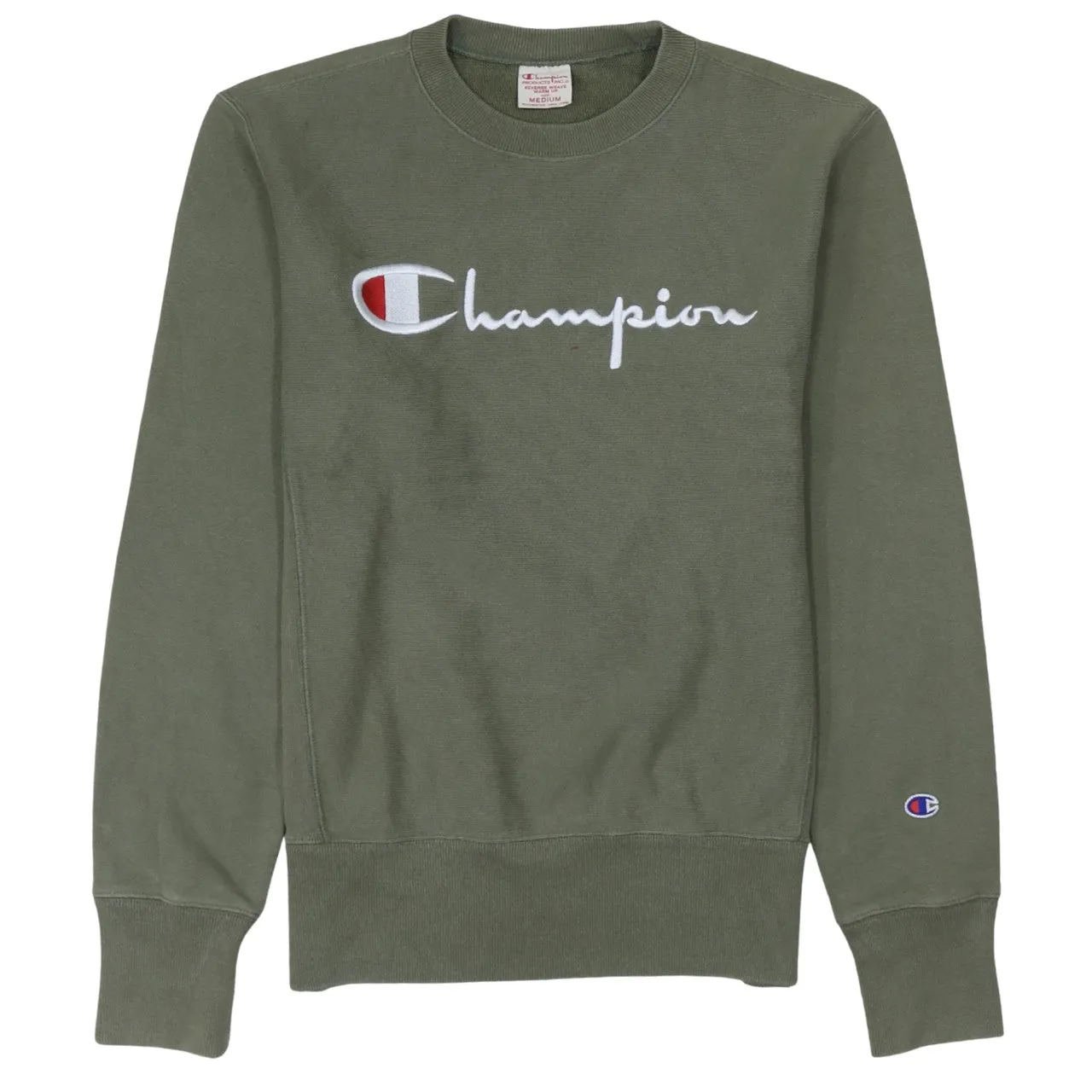 Champion Olive Green Sweatshirt Women’s Medium Embroidered Script Logo Crewneck Pullover Fleece Top sold by Vintage Club