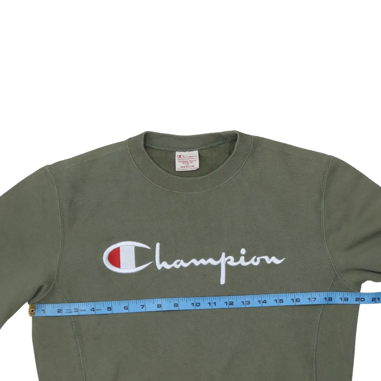 Champion Olive Green Sweatshirt Women’s Medium Embroidered Script Logo Crewneck Pullover Fleece Top sold by Vintage Club product image thumbnail 5
