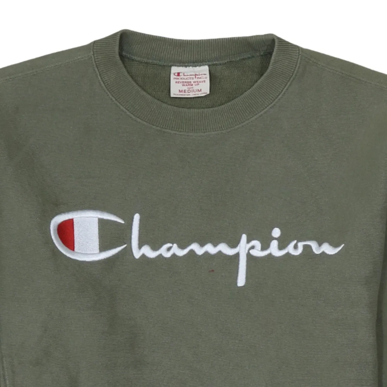 Champion Olive Green Sweatshirt Women’s Medium Embroidered Script Logo Crewneck Pullover Fleece Top sold by Vintage Club product image thumbnail 3
