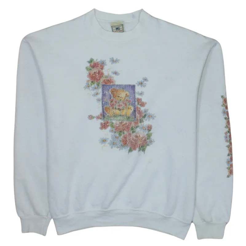 Lee White Sweatshirt Men's Medium Floral Teddy Bear Printed Graphic Pullover Jumper made by Lee