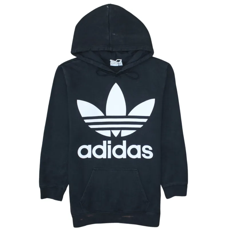 Adidas Black Hoodie Women’s XSmall Trefoil Printed Logo Front Pocket Pullover Sweatshirt sold by Vintage Club