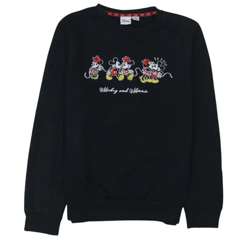 Disney Black Sweatshirt Women’s Small Embroidered Mickey Minnie Graphic Fleece Pullover Jumper sold by Vintage Club