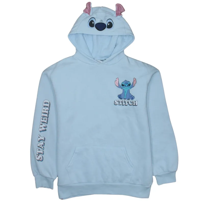 Disney Light Blue Hoodie Women’s Medium Stitch Graphic Stay Weird Sleeve Pullover Sweatshirt made by Disney