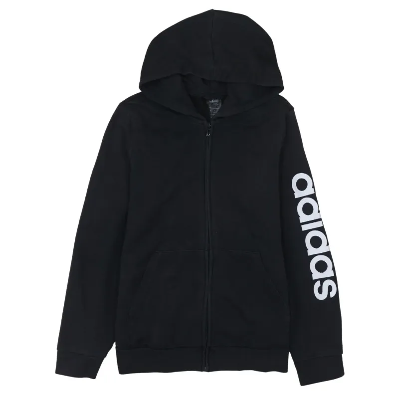 Adidas Black Hoodie Women’s Large Full Zip Printed Sleeve Logo Casual Sweatshirt Top sold by Vintage Club