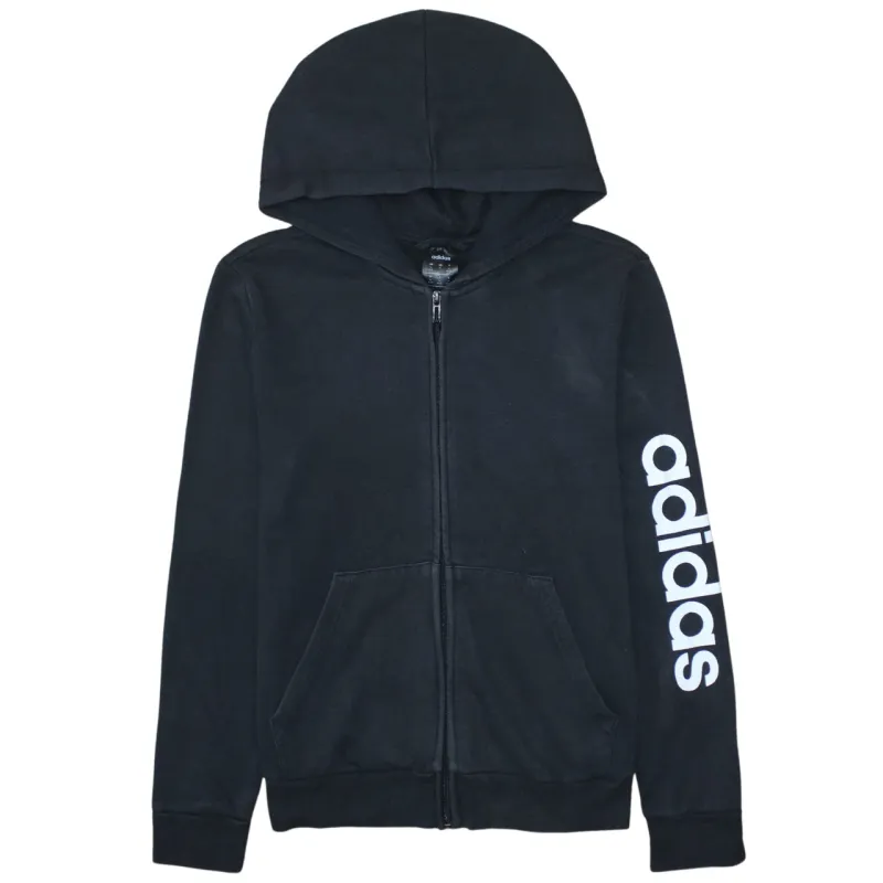 Adidas Black Zip Hoodie Women’s Medium Printed Sleeve Logo Split Pocket Sweatshirt sold by Vintage Club