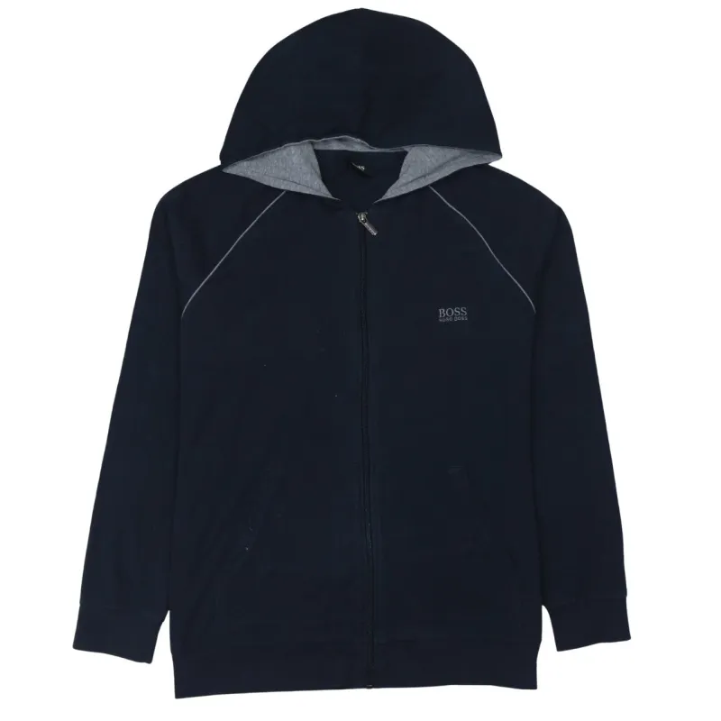 HUGO BOSS Navy Blue Zip Hoodie Women’s Large Printed Chest Logo Split Pockets Sweatshirt sold by Vintage Club