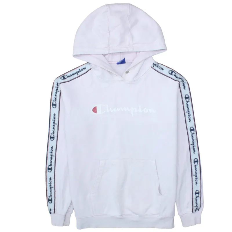 Champion Light Pink Hoodie Women’s Large Embroidered Logo Branded Tape Sleeves Pullover Sweatshirt sold by Vintage Club
