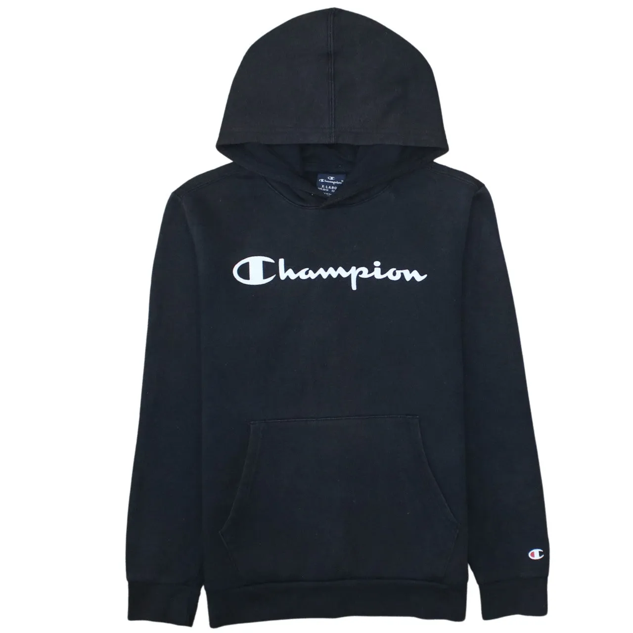 Champion Black Hoodie Women’s XLarge Printed Chest Logo Front Pocket Pullover Sweatshirt sold by Vintage Club