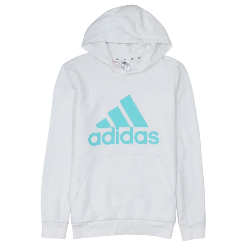 Adidas White Hoodie Women’s Large Turquoise Printed Logo Front Pocket Pullover Sweatshirt made by Adidas