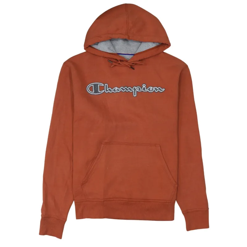 Champion Rust Orange Hoodie Men's Medium Embroidered Script Logo Front Pocket Pullover Sweatshirt made by Champion