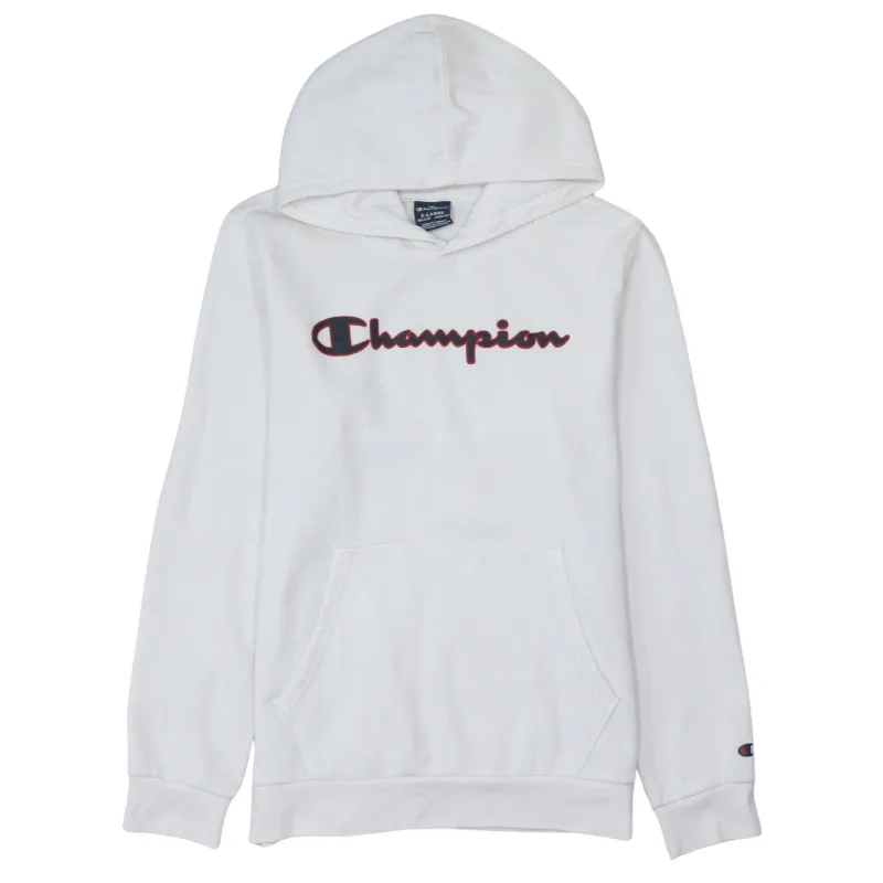 Champion White Hoodie Women’s XLarge Printed Script Logo Front Pocket Pullover Sweatshirt sold by Vintage Club
