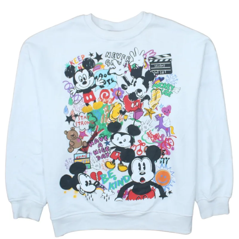 Disney White Mickey Mouse Sweatshirt Women's Small All Over Graphic Printed Crewneck Pullover made by Disney