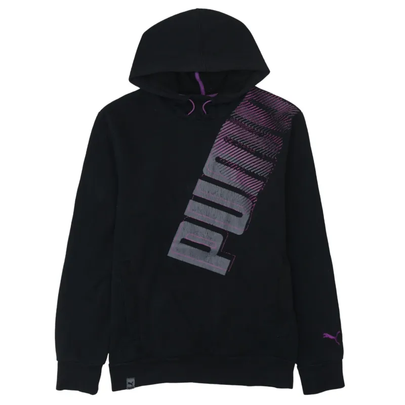 Puma Black Hoodie Men's Small Printed Diagonal Logo Purple Trim Pullover Sweatshirt sold by Vintage Club