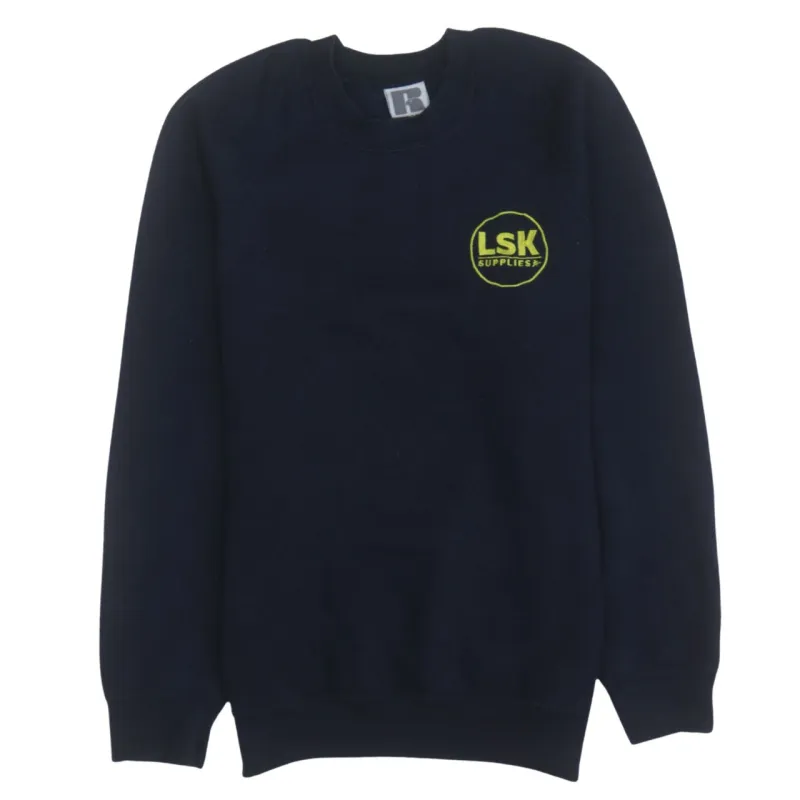 Russell Athletic Navy Blue Sweatshirt Women’s Medium Embroidered LSK Supplies Logo Pullover Fleece Top sold by Vintage Club