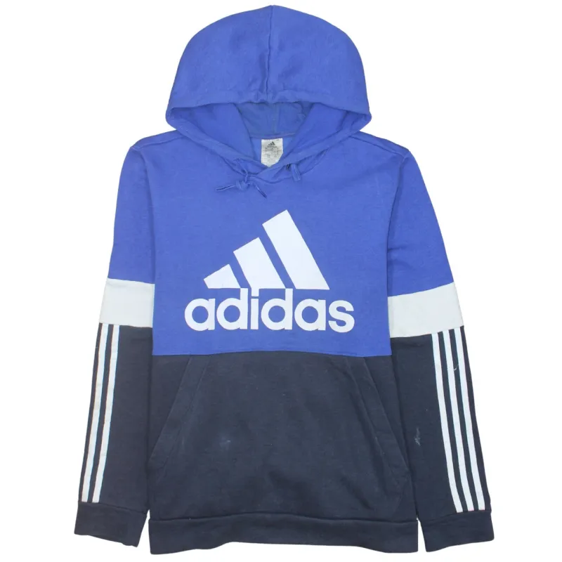Adidas Blue Colour Block Hoodie Women's Large Printed Logo Three Stripe Sleeves Pullover Sweatshirt sold by Vintage Club