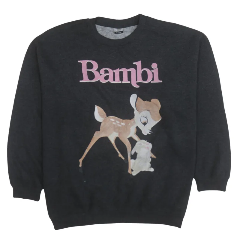 Disney Charcoal Grey Sweatshirt Women’s Large Bambi Printed Graphic Fleece Lined Pullover Top made by Disney