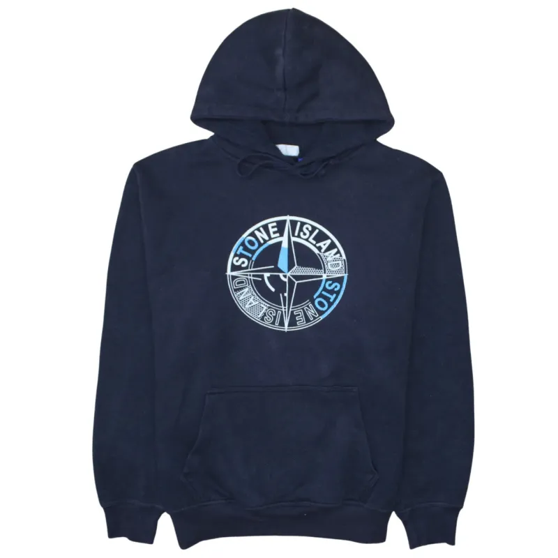 Stone Island Navy Hoodie Women’s XLarge Printed Compass Logo Fleece Pullover Sweatshirt sold by Vintage Club