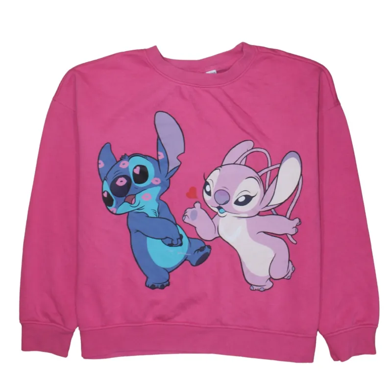 Disney Pink Sweatshirt Women’s Large Printed Stitch Character Graphic Fleece Pullover Top sold by Vintage Club