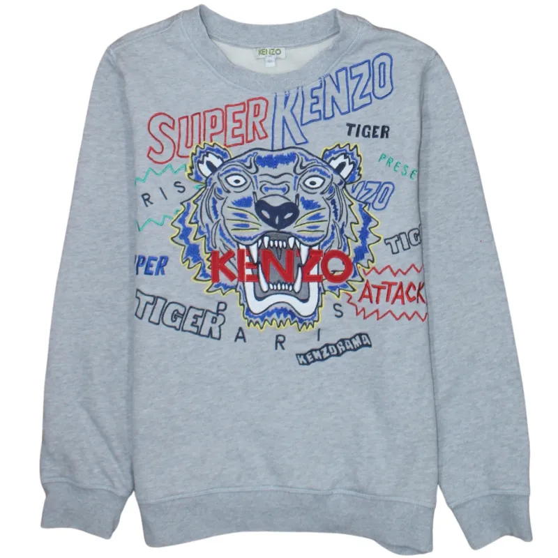 Kenzo Grey Sweatshirt Women’s XSmall Embroidered Super Tiger Logo Crewneck Pullover Top sold by Vintage Club