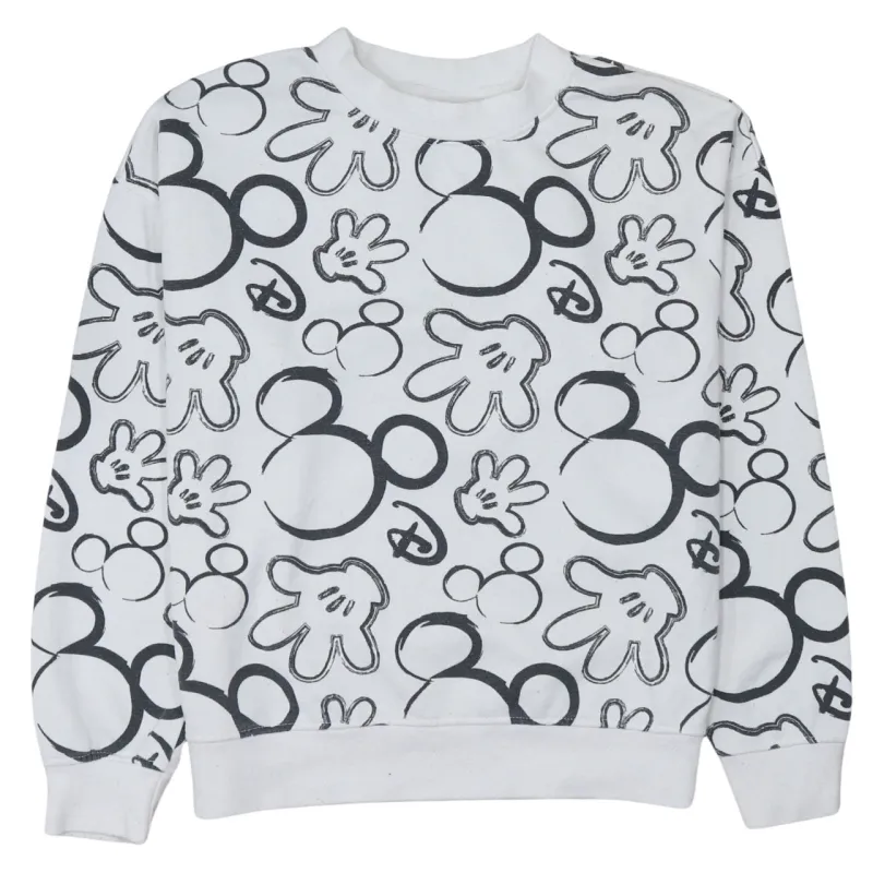 Disney White Mickey Mouse Print Sweatshirt Women’s XSmall All Over Graphic Pullover Top sold by Vintage Club