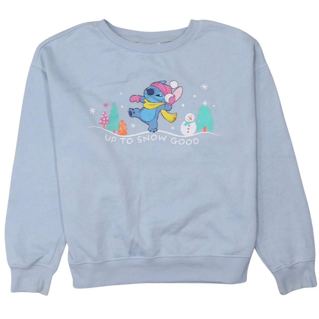Disney Light Blue Sweatshirt Women’s Small Printed Stitch Graphic Crewneck Pullover Jumper sold by Vintage Club