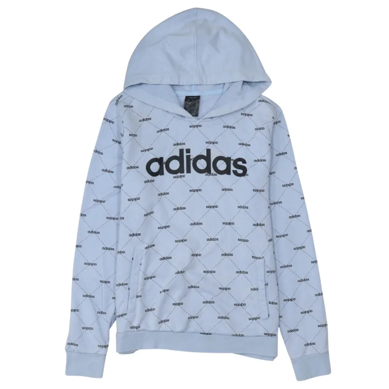 Adidas Light Blue Hoodie Women's Large All Over Logo Printed Front Pocket Pullover Sweatshirt sold by Vintage Club