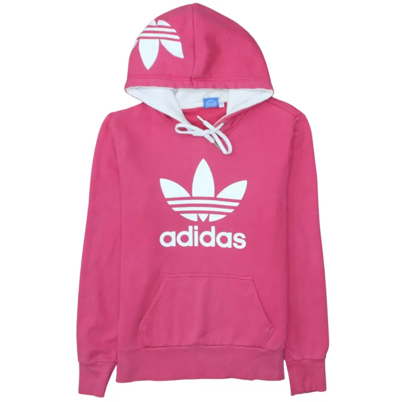 Adidas Pink Hoodie Women’s Medium Printed Trefoil Logo Front Pocket Pullover Sweatshirt sold by Vintage Club