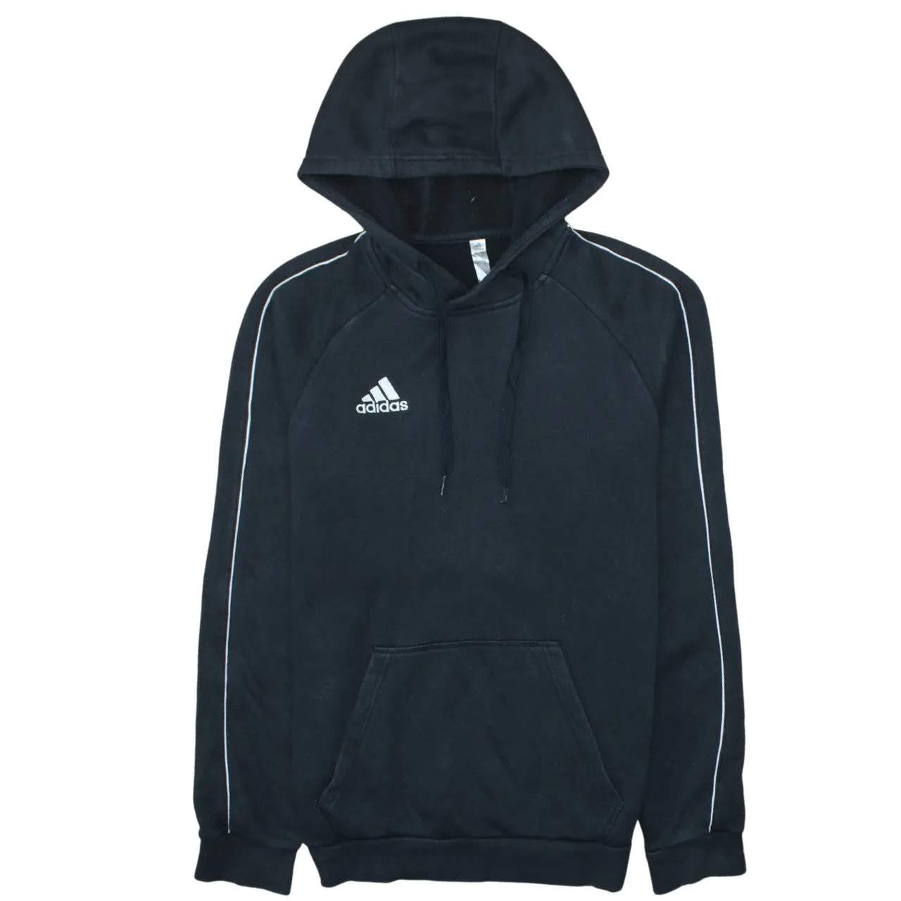 Adidas Black Hoodie Men's Small Embroidered Logo Piping Detail Front Pocket Pullover Sweatshirt sold by Vintage Club