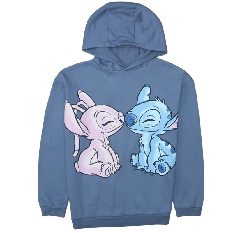 Disney Blue Hoodie Women’s Medium Printed Stitch Angel Graphic Fleece Pullover Sweatshirt made by Disney