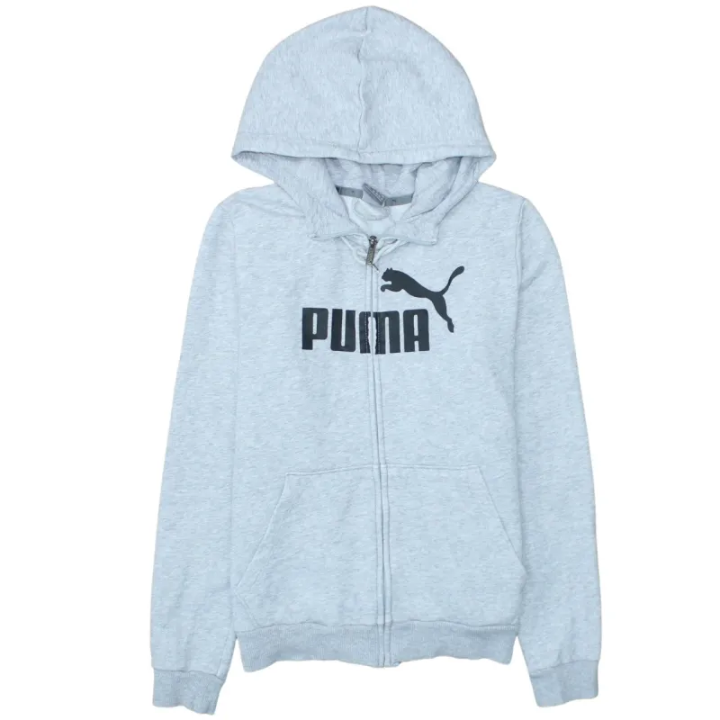 Puma Light Grey Zip Hoodie Women’s Large Printed Logo Split Pocket Fleece Sweatshirt sold by Vintage Club