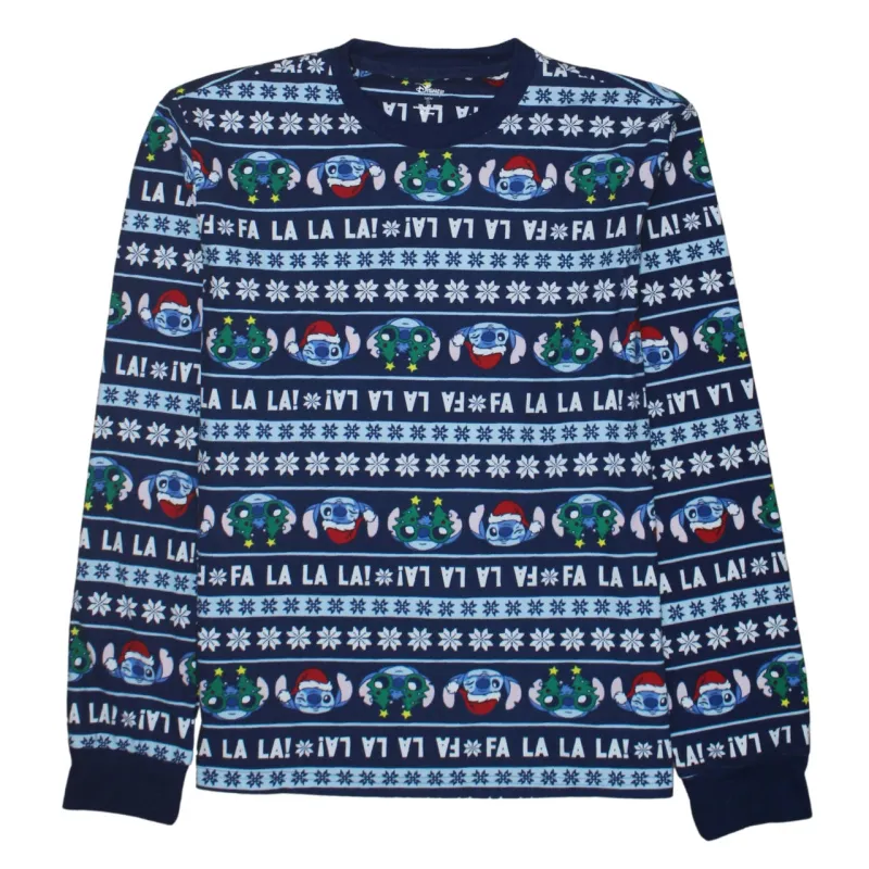 Disney Navy Blue Sweatshirt Men’s Small All Over Stitch Christmas Print Jumper Top sold by Vintage Club