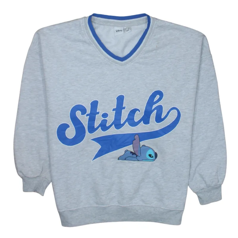 Disney Grey Stitch Sweatshirt Women's Medium Printed Graphic V Neck Pullover Jumper sold by Vintage Club