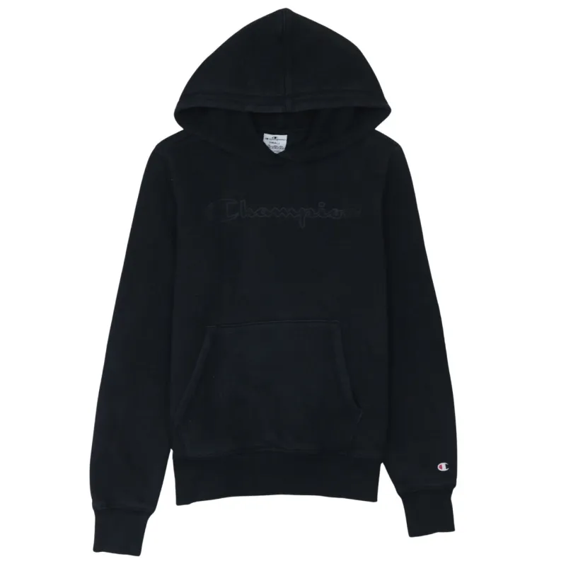 Champion Black Hoodie Women’s Small Embroidered Script Logo Front Pocket Pullover Sweatshirt sold by Vintage Club