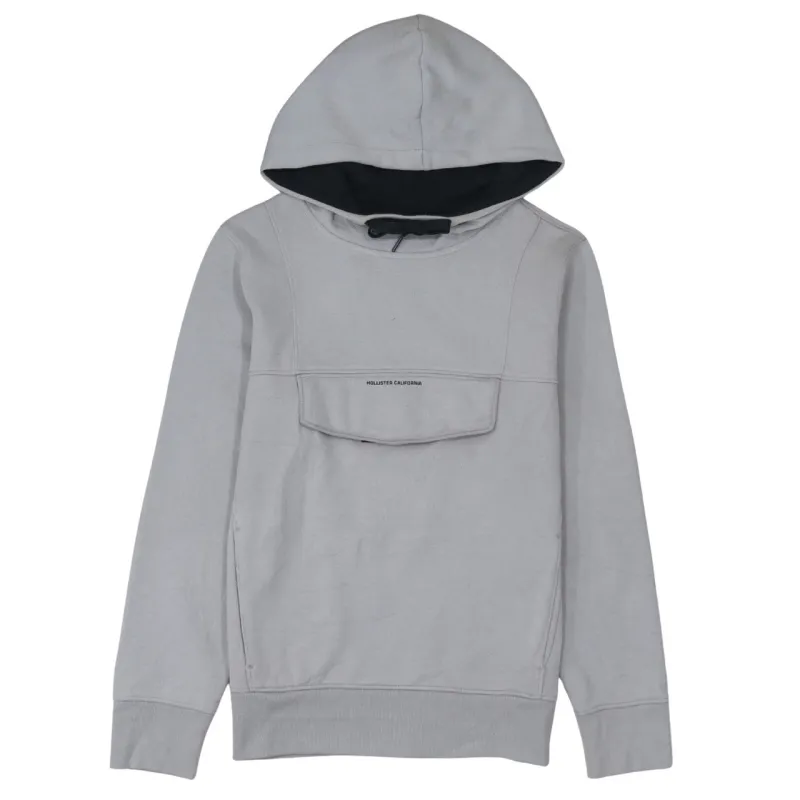 Hollister Light Grey Hoodie Men's XSmall Front Flap Pocket Printed Logo Pullover Sweatshirt made by Hollister