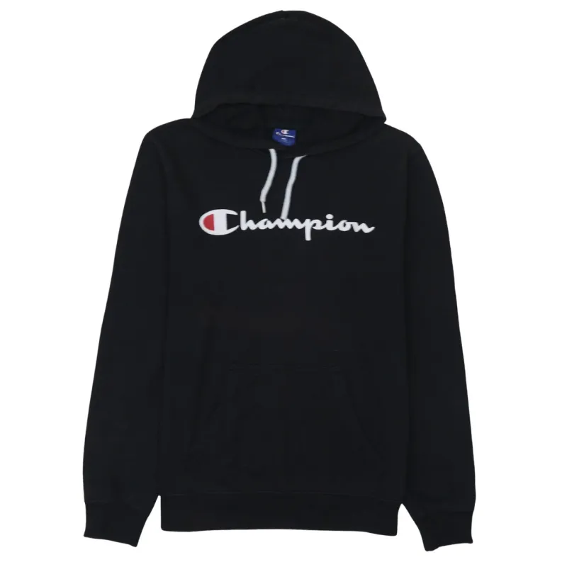 Champion Black Hoodie Women’s Medium Printed Script Logo Front Pocket Pullover Sweatshirt sold by Vintage Club