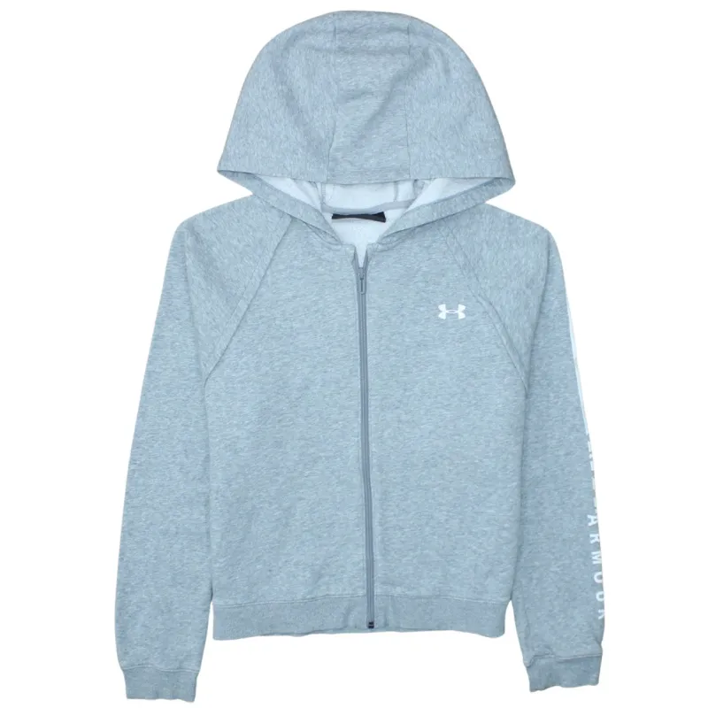 Under Armour Light Grey Hoodie Women’s Large Full Zip Printed Logo Sleeve Fleece Top made by Under Armour