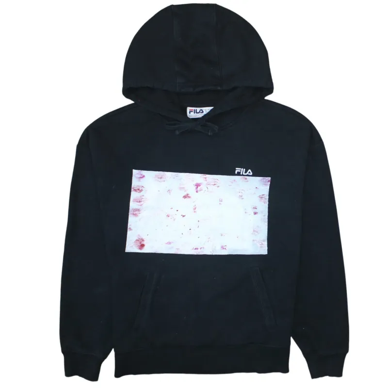 Fila Black Hoodie Women’s Large Printed Graphic Front Embroidered Chest Logo Pullover Sweatshirt sold by Vintage Club