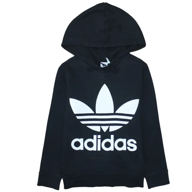 Adidas Black Hoodie Women’s Small Trefoil Printed Logo Drawstring Hood Pullover Sweatshirt sold by Vintage Club